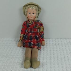 Vintage Doll Made in Poland 1940's Plaid Jumper Hand Painted Face